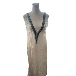 Boho Me… White Flowing Grecian-Style Boho Summer Dress Beaded V-Neck Plunge sz S